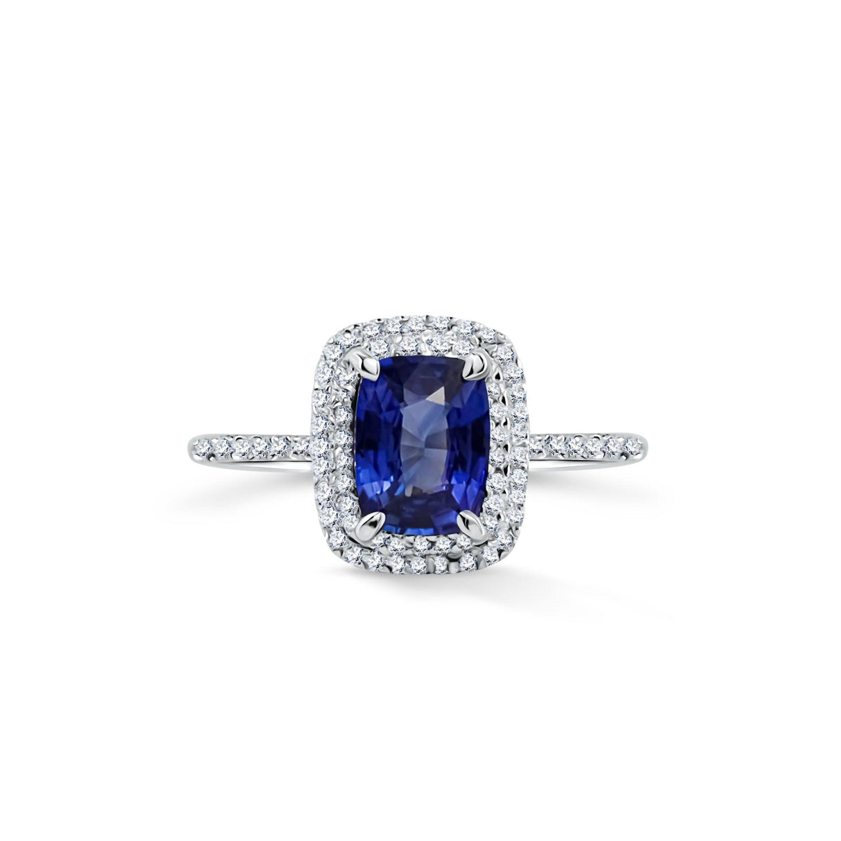 Royal Blue — pierścionek z szafirem w szlifie cushion i podwójnym halo diamentów