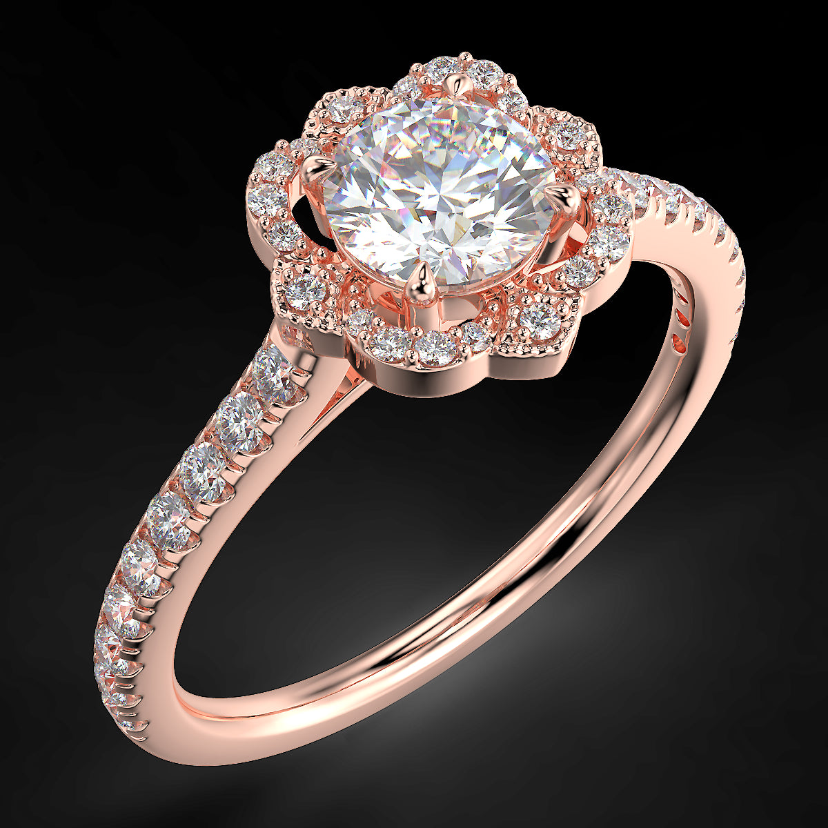 Pierścionek zaręczynowy z różowego złota z diamentami o masie 0,76 ct - widok z góry pod kątem