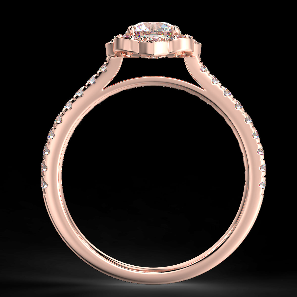 Pierścionek zaręczynowy z różowego złota z diamentami o masie 0,76 ct - widok z boku