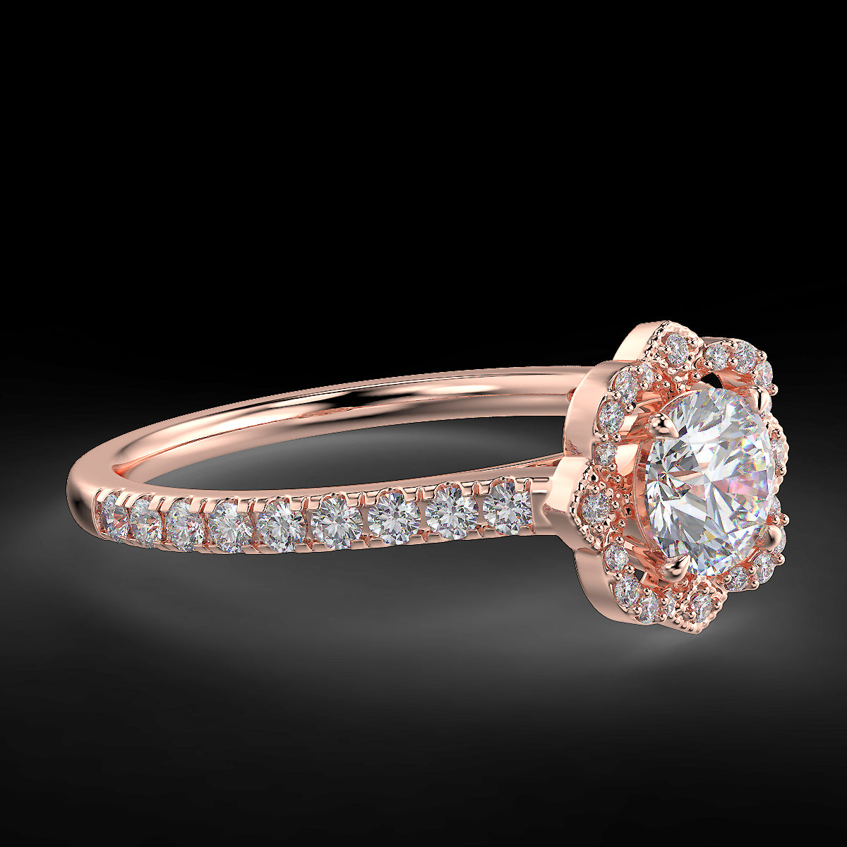 Pierścionek zaręczynowy z różowego złota z diamentami o masie 0,76 ct - widok z góry pod kątem