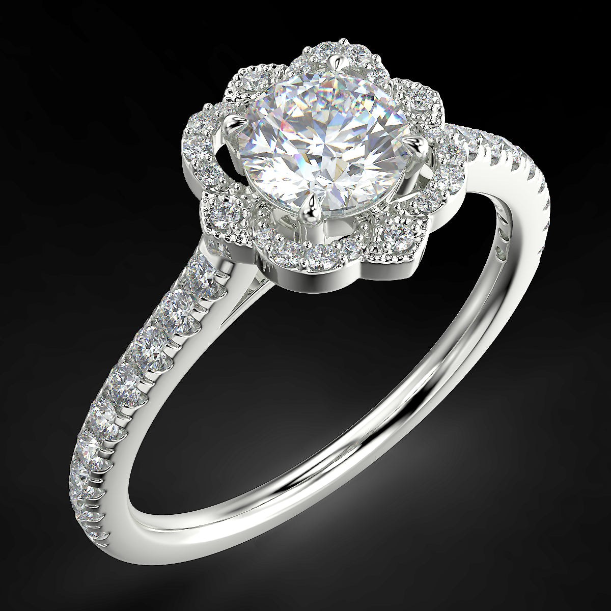 Pierścionek zaręczynowy z białego złota z diamentami o masie 0,76 ct - widok z góry pod kątem