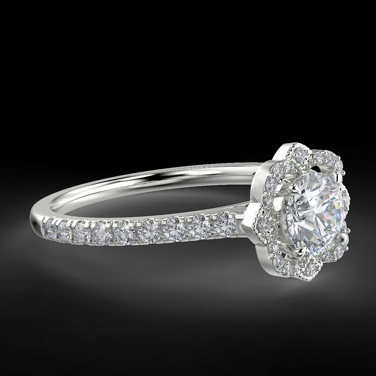 Pierścionek zaręczynowy z białego złota z diamentami o masie 0,76 ct - widok z boku pod kątem