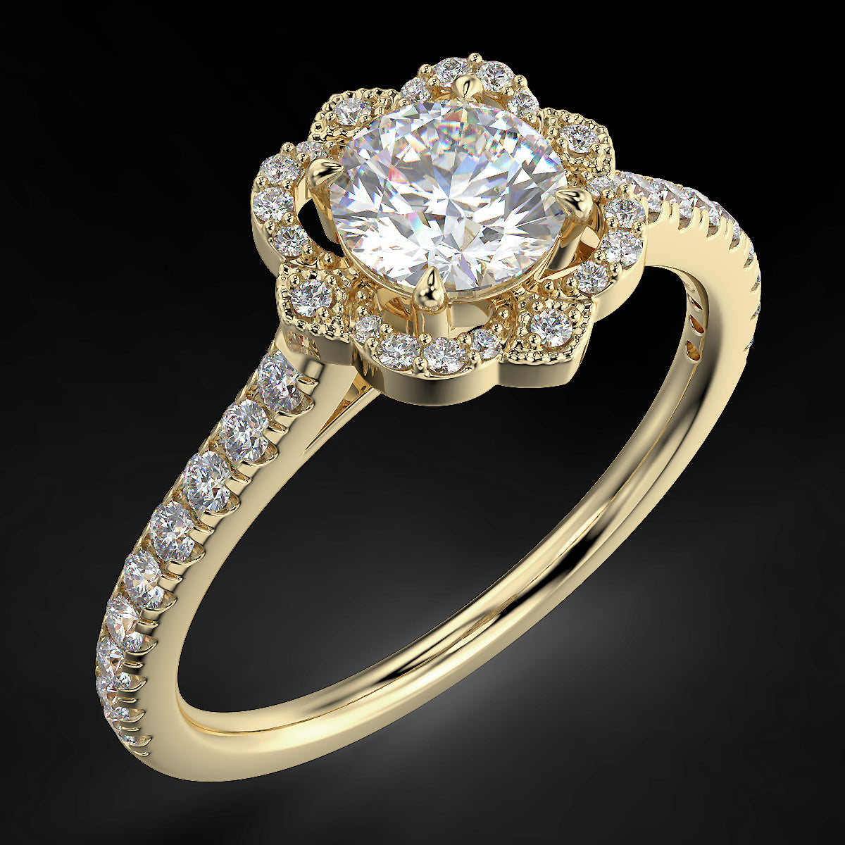 Pierścionek zaręczynowy z żółtego złota z diamentami o masie 0,76 ct - widok z góry pod kątem