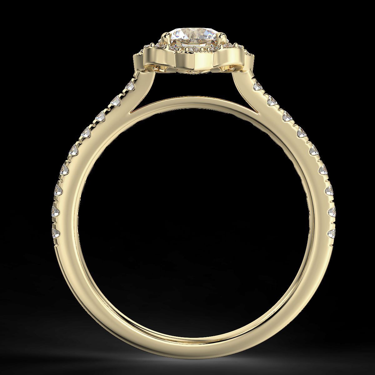 Pierścionek zaręczynowy z żółtego złota z diamentami o masie 0,76 ct - widok z boku