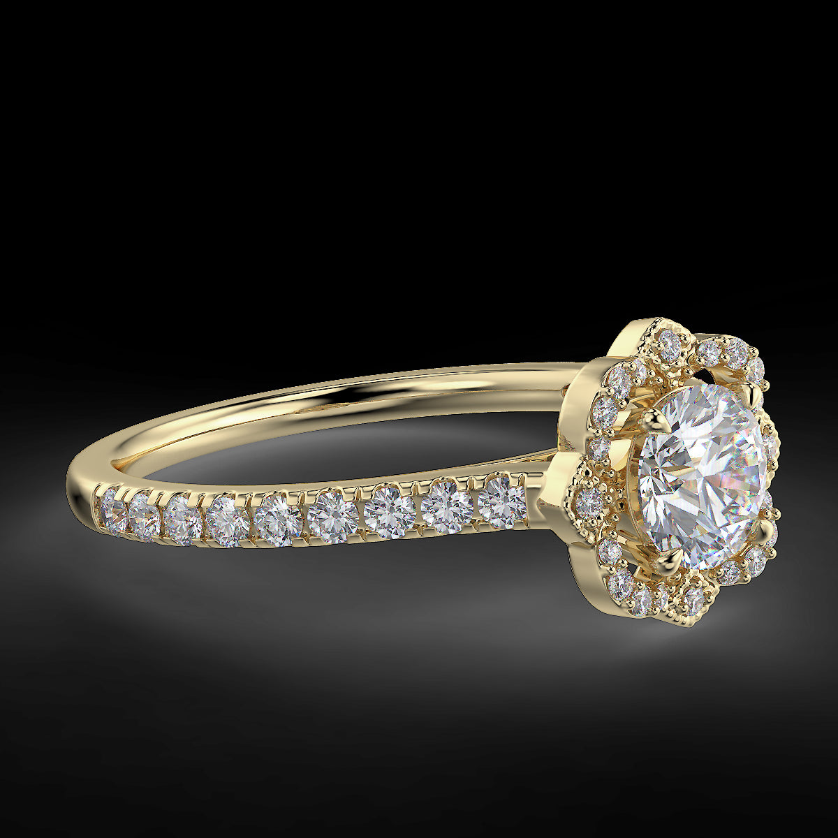 Pierścionek zaręczynowy z żółtego złota z diamentami o masie 0,76 ct - widok z boku pod kątem