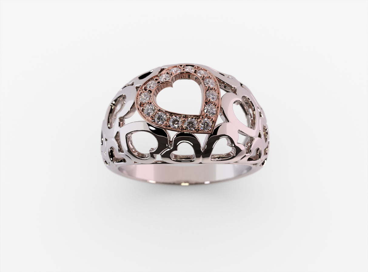 Gold ring with heart motifs and 0.12 ctw diamonds