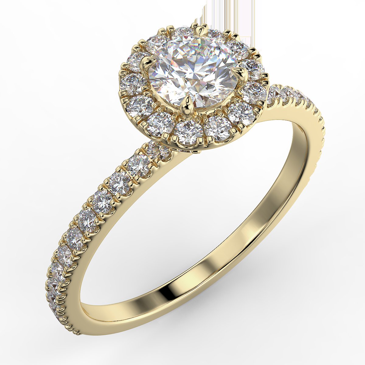 Pierścionek z diamentami o masie 0,73 ct w żółtym złocie w stylu halo - widok z góry pod kątem