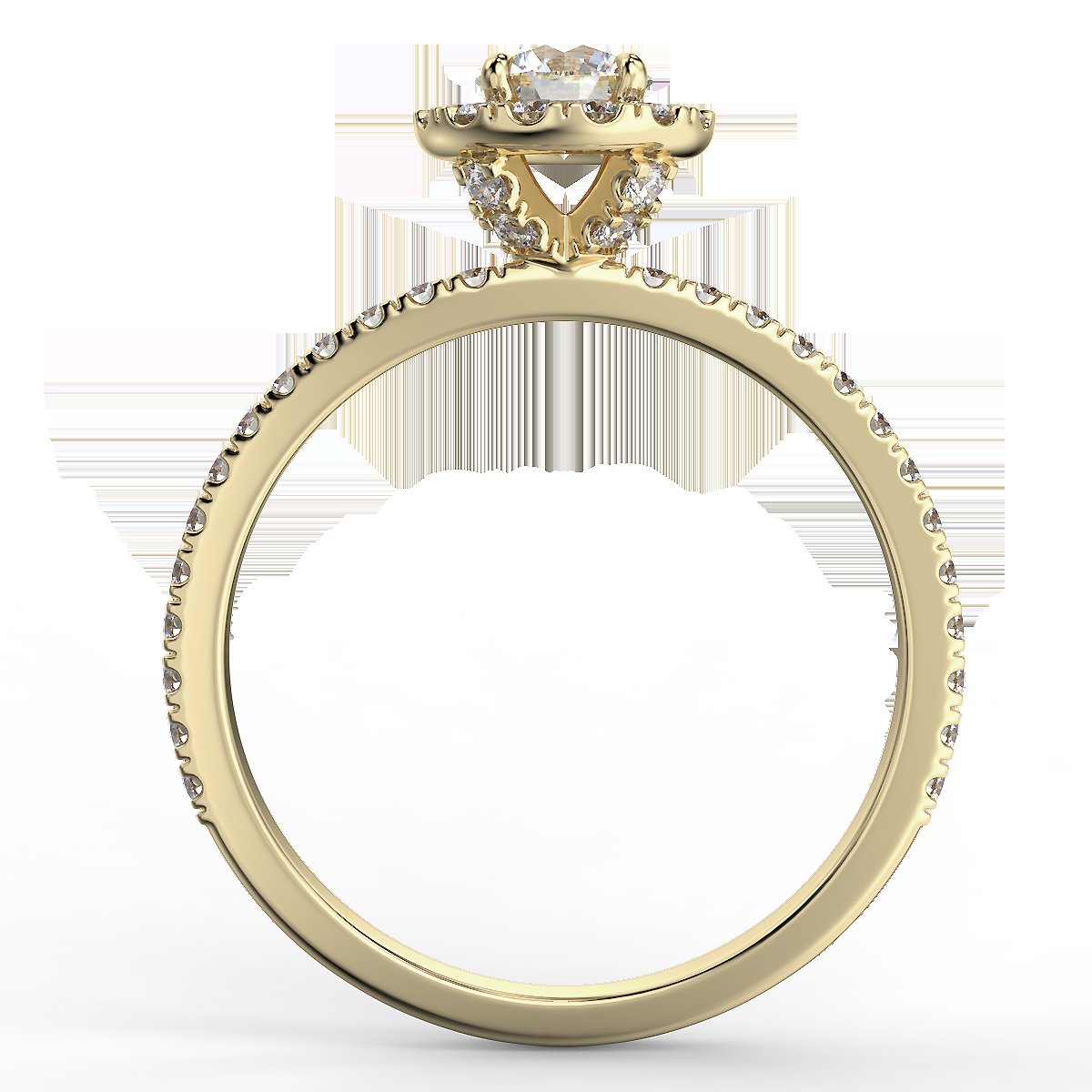 Pierścionek z diamentami o masie 0,73 ct w żółtym złocie w stylu halo - widok z boku