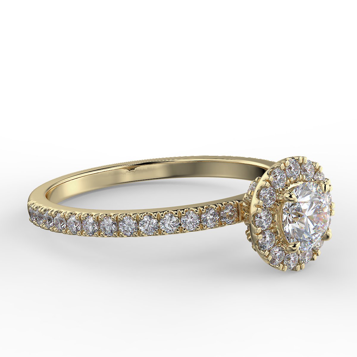 Pierścionek z diamentami o masie 0,73 ct w żółtym złocie w stylu halo - widok z boku pod kątem
