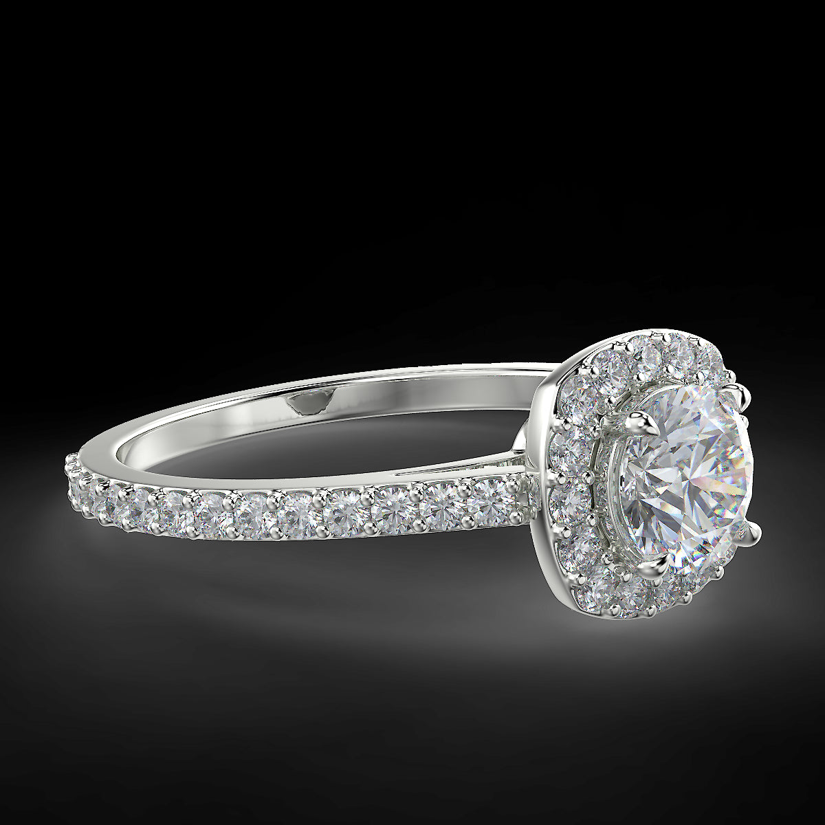 Pierścionek zaręczynowy z białego złota z diamentami o masie 0,83 ct - widok z boku pod kątem