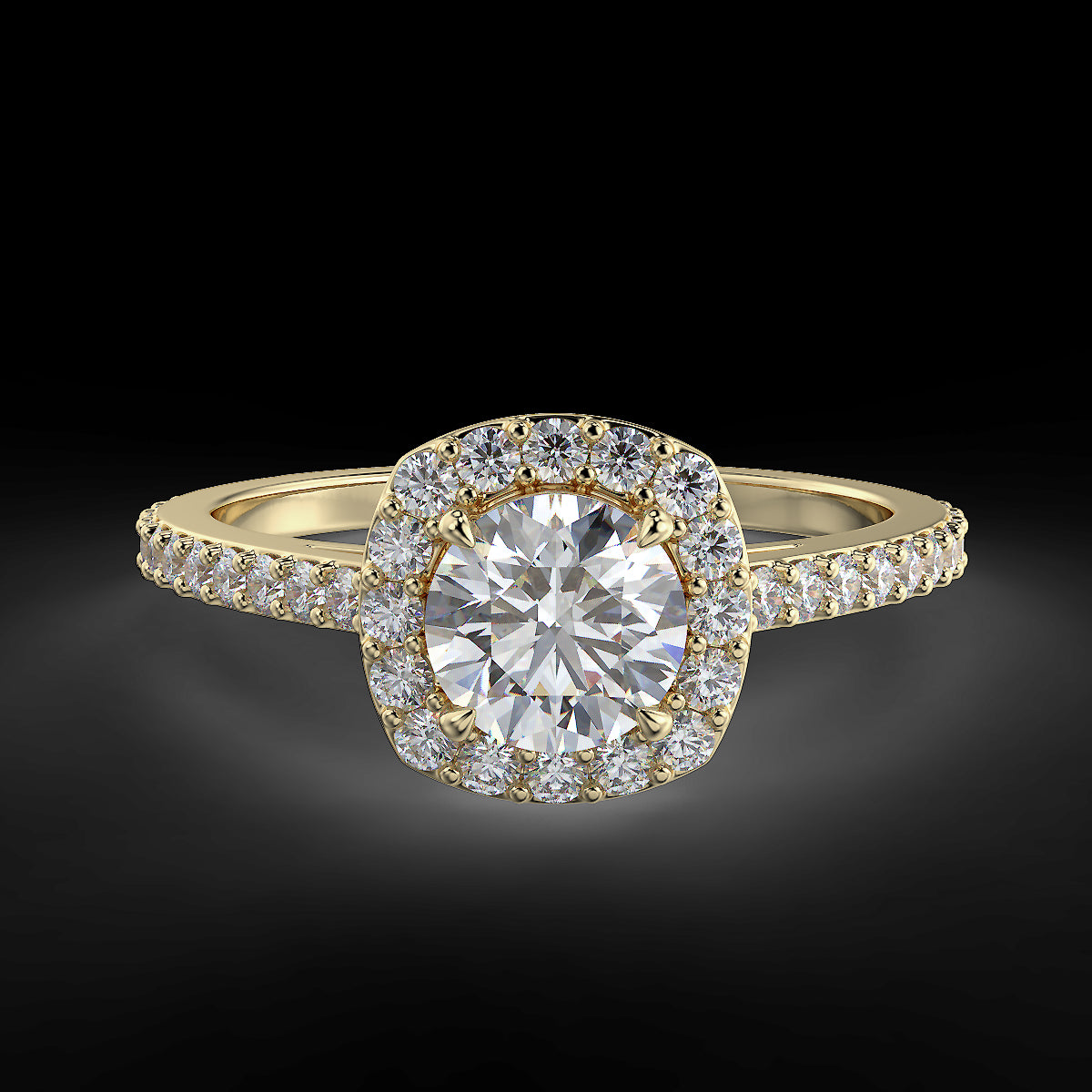 Pierścionek z diamentami o masie 0,83 ct w żółtym złocie w stylu halo - widok z góry