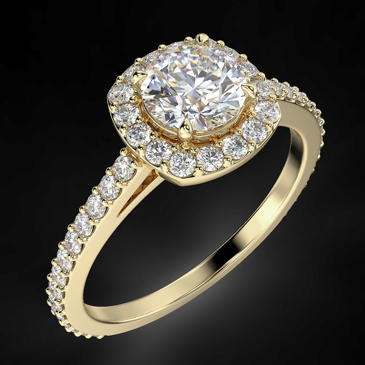 Pierścionek z diamentami o masie 0,83 ct w żółtym złocie w stylu halo - widok pod kątem