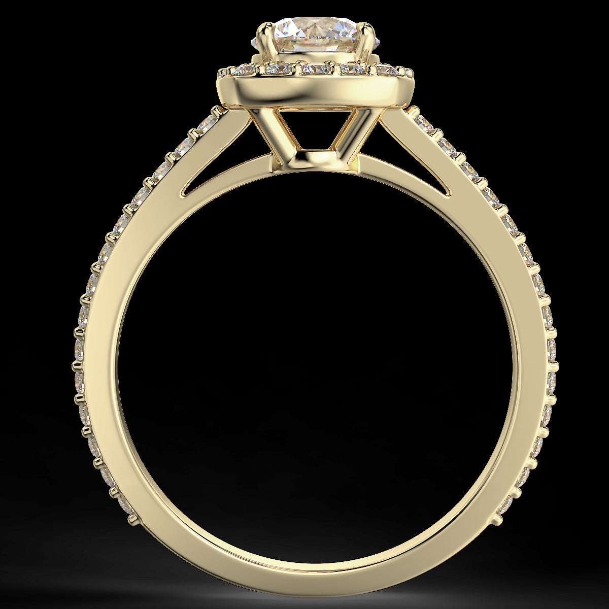 Pierścionek z diamentami o masie 0,83 ct w żółtym złocie w stylu halo - widok z boku