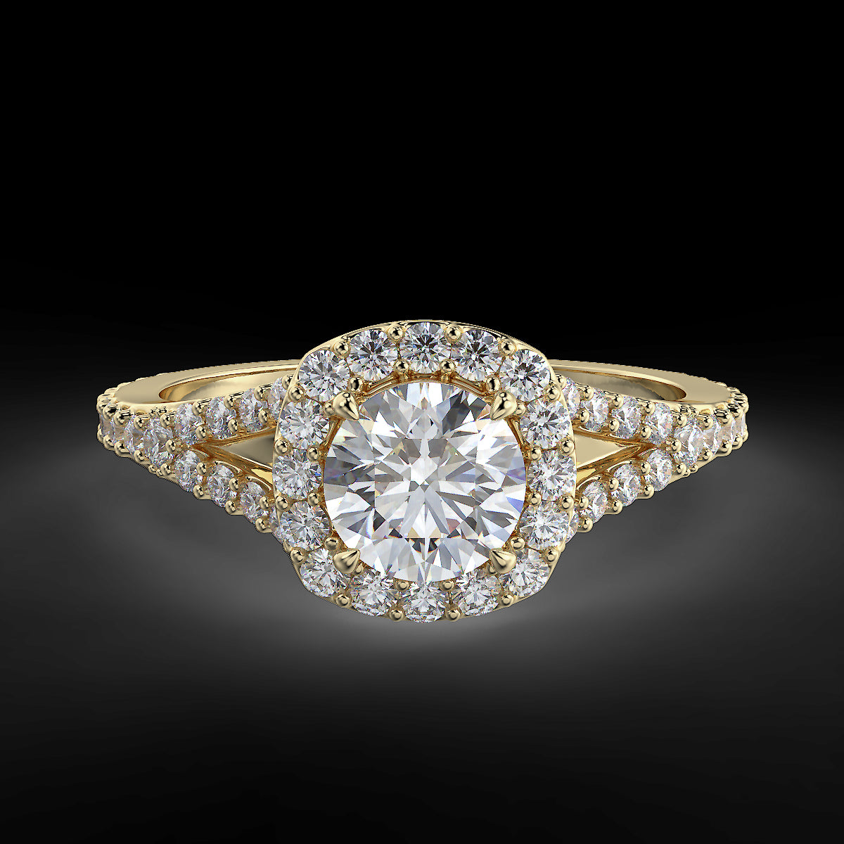 Pierścionek z diamentami o masie 0,93 ct w żółtym złocie w stylu halo - widok z góry