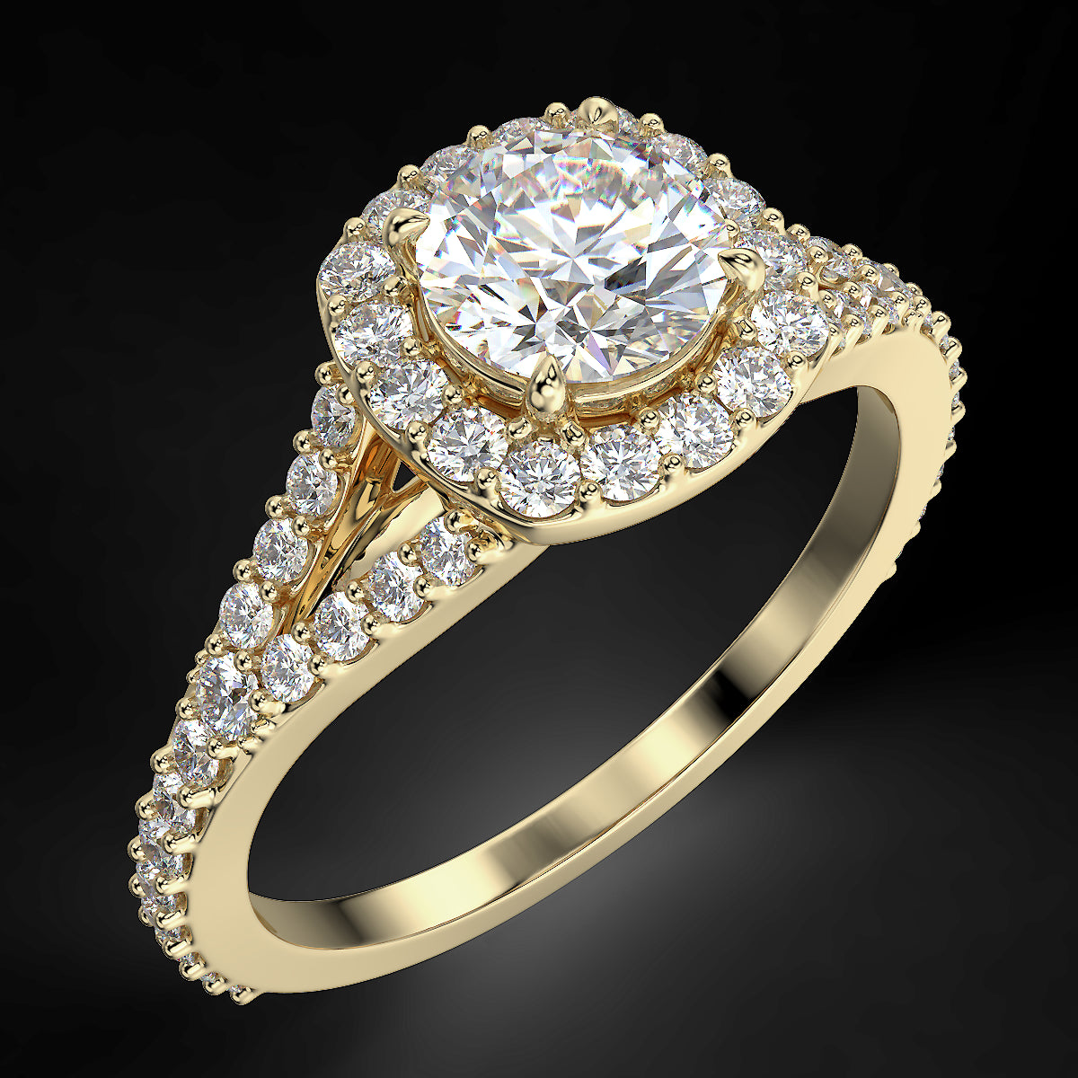 Pierścionek z diamentami o masie 0,93 ct w żółtym złocie w stylu halo - widok z góry pod kątem