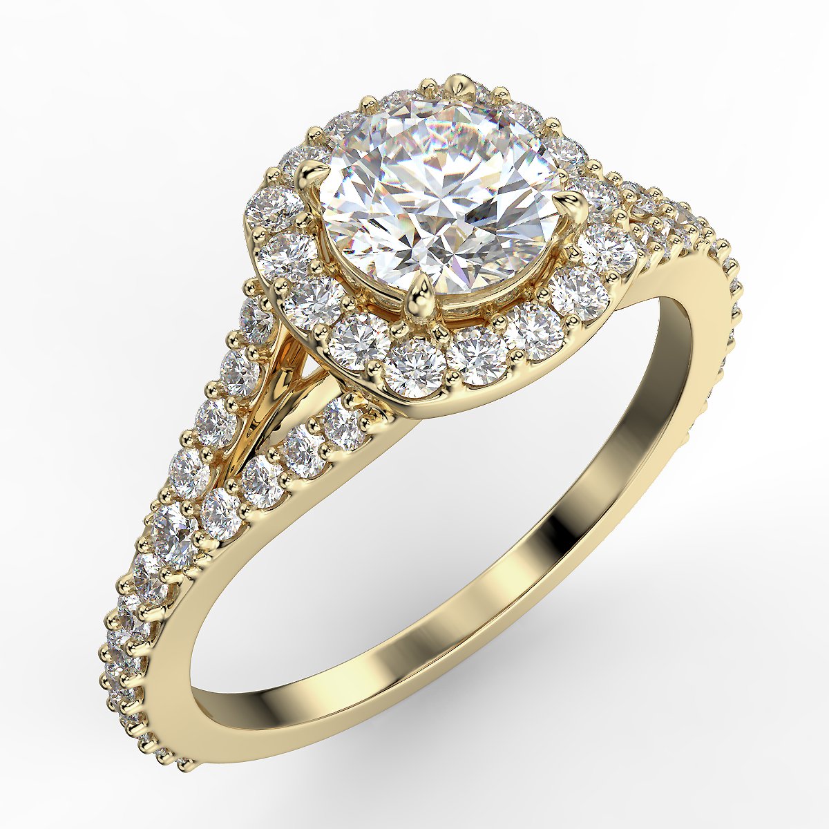 Pierścionek z diamentami o masie 0,93 ct w żółtym złocie w stylu halo - widok z góry pod kątem