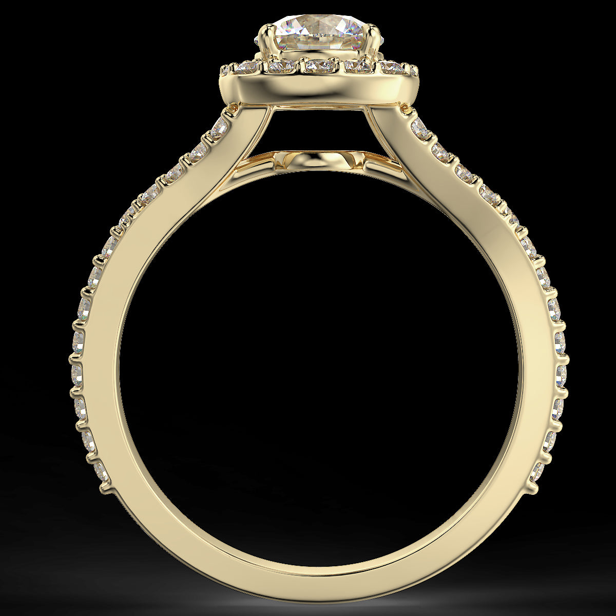 Pierścionek z diamentami o masie 0,93 ct w żółtym złocie w stylu halo - widok z boku