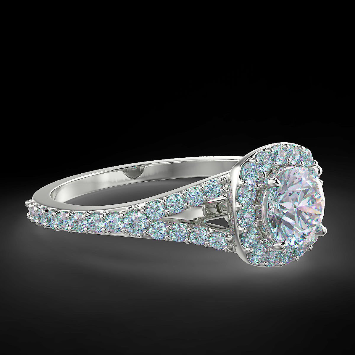 Pierścionek zaręczynowy z białego złota z diamentami o masie 0,92 ct - widok z góry pod kątem