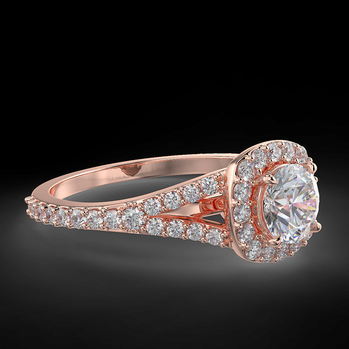 Pierścionek zaręczynowy z różowego złota z diamentami o masie 0,92 ct - widok z boku pod kątem