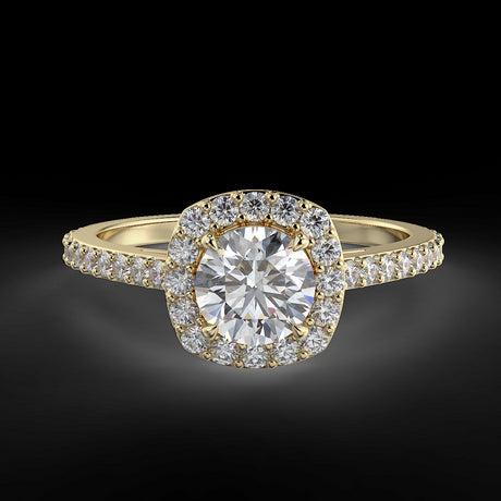 Pierścionek z diamentami o masie 0,83 ct w żółtym złocie w stylu halo - widok z góry