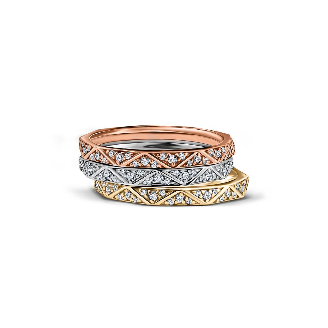 Geometric rose gold wedding ring with diamonds