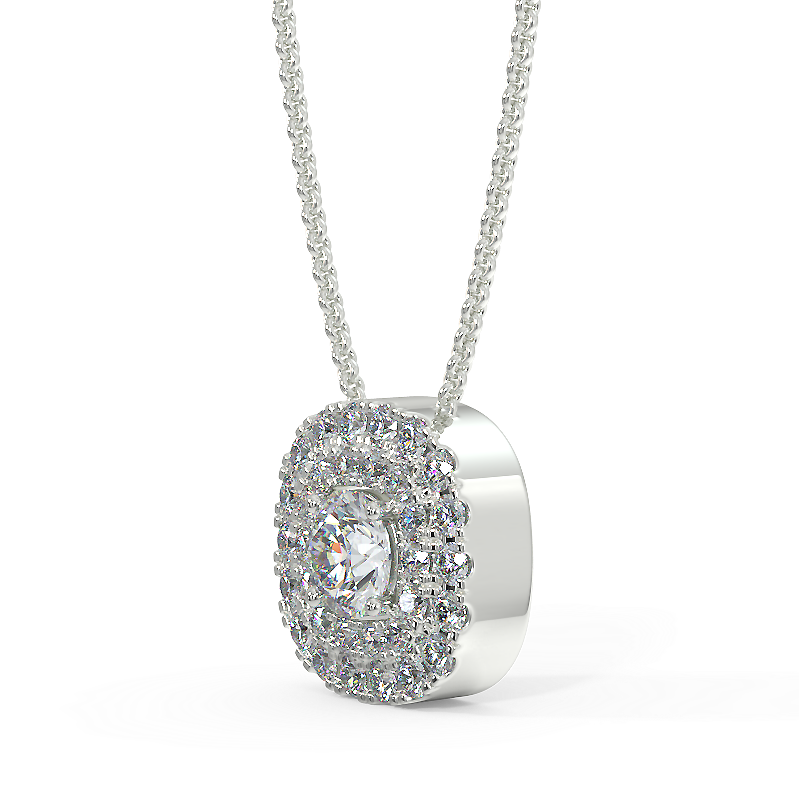 Zawieszka z diamentami w białym złocie. Centralny diament otoczony podwójną linią diamentów.