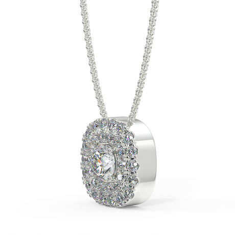 Zawieszka z diamentami w białym złocie. Centralny diament otoczony podwójną linią diamentów.