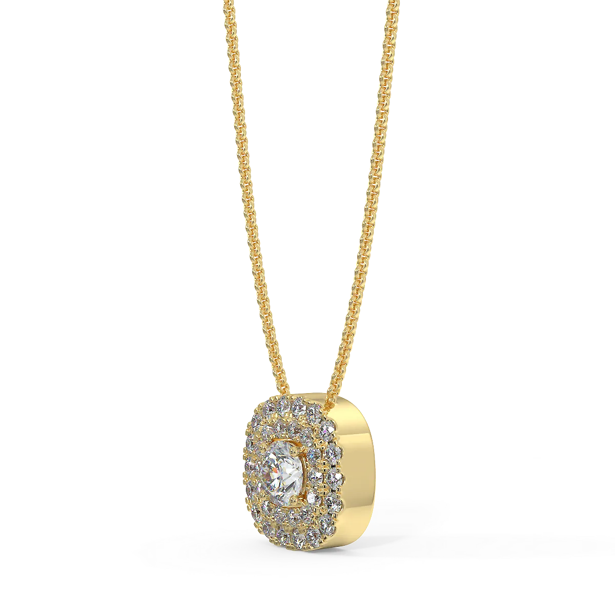 Zawieszka z diamentami w żółtym złocie z podwójną linią diamentów, podwójne halo, widok z boku